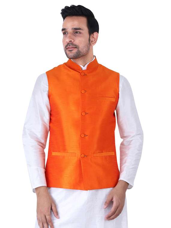 orange silk nehru jacket - 19702558 - Zoom Image - 0