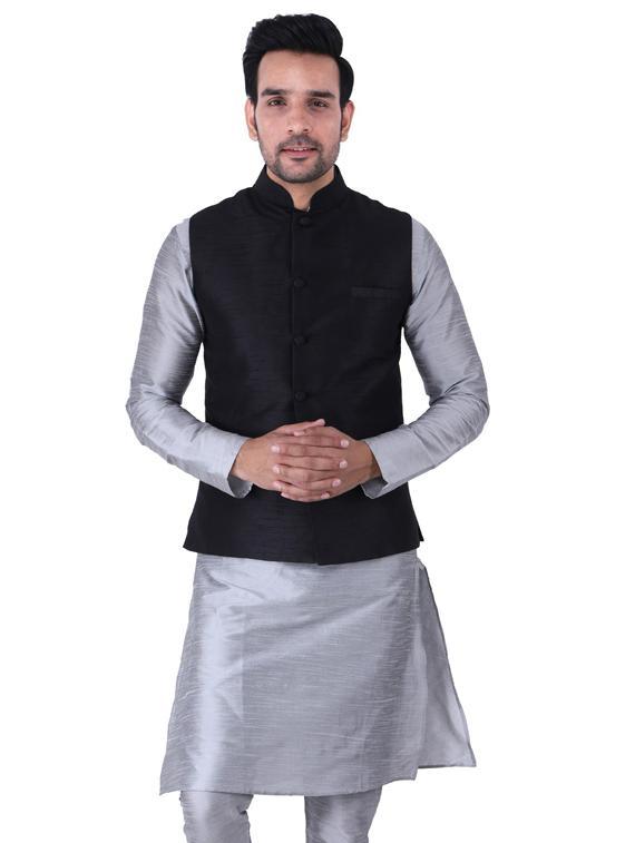 multi colored solid kurta pyjama with nehru jacket