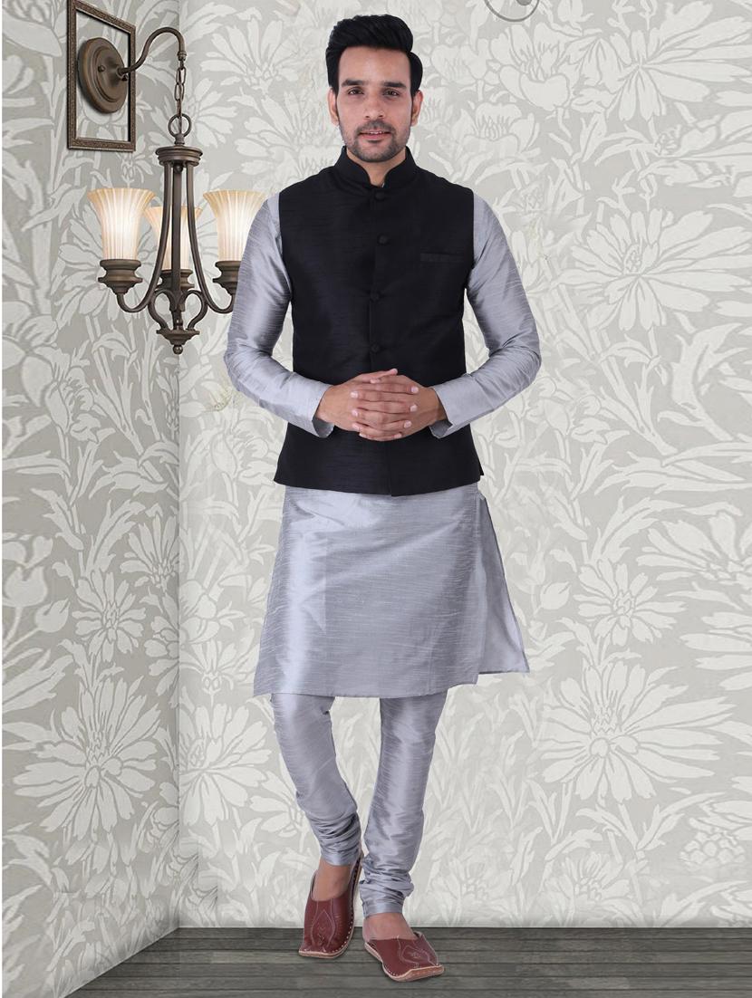 multi colored solid kurta pyjama with nehru jacket - 19702835 - Standard Image - 3