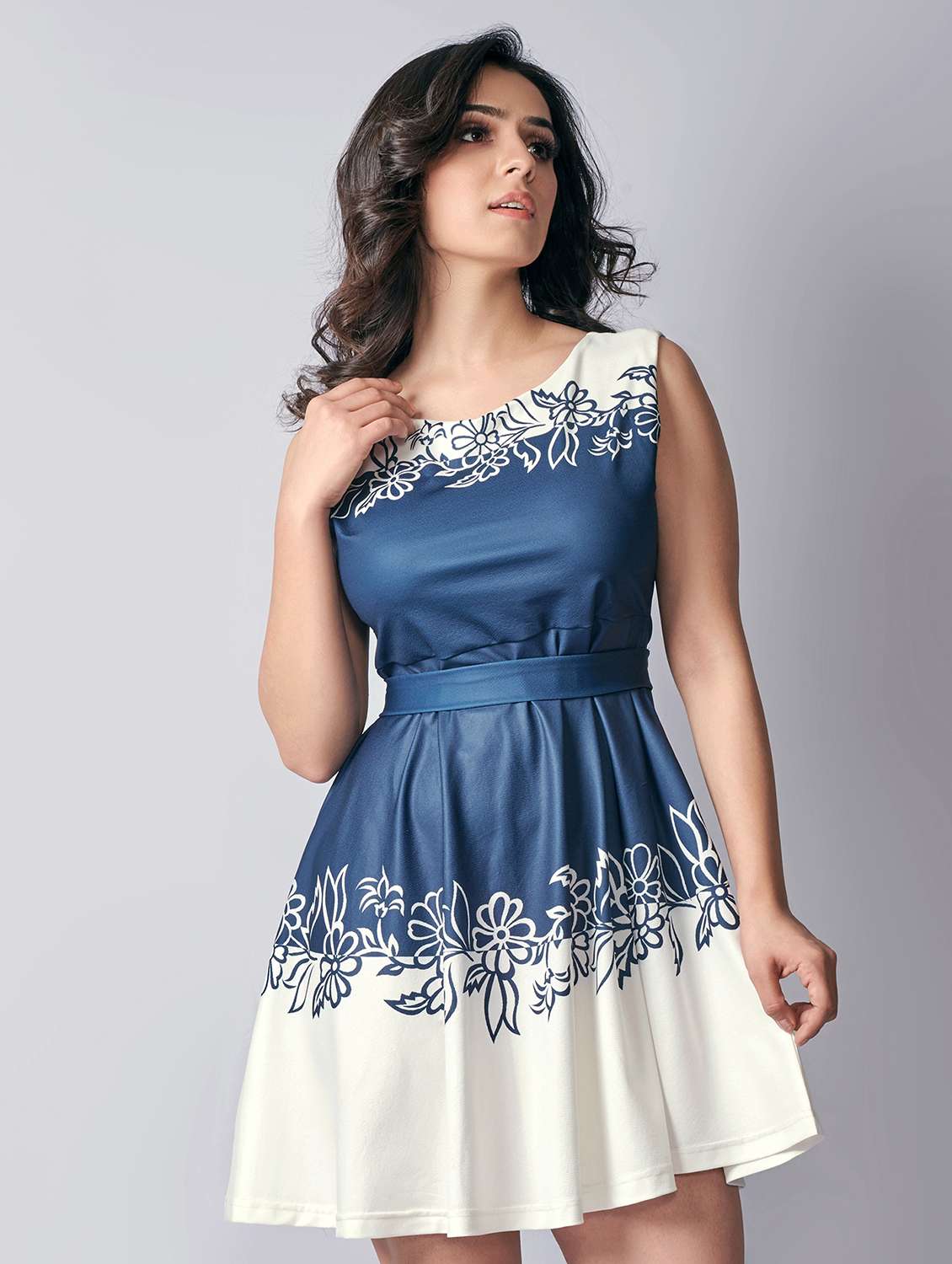 blue printed fit & flare dress - 19703326 -  Zoom Image - 0