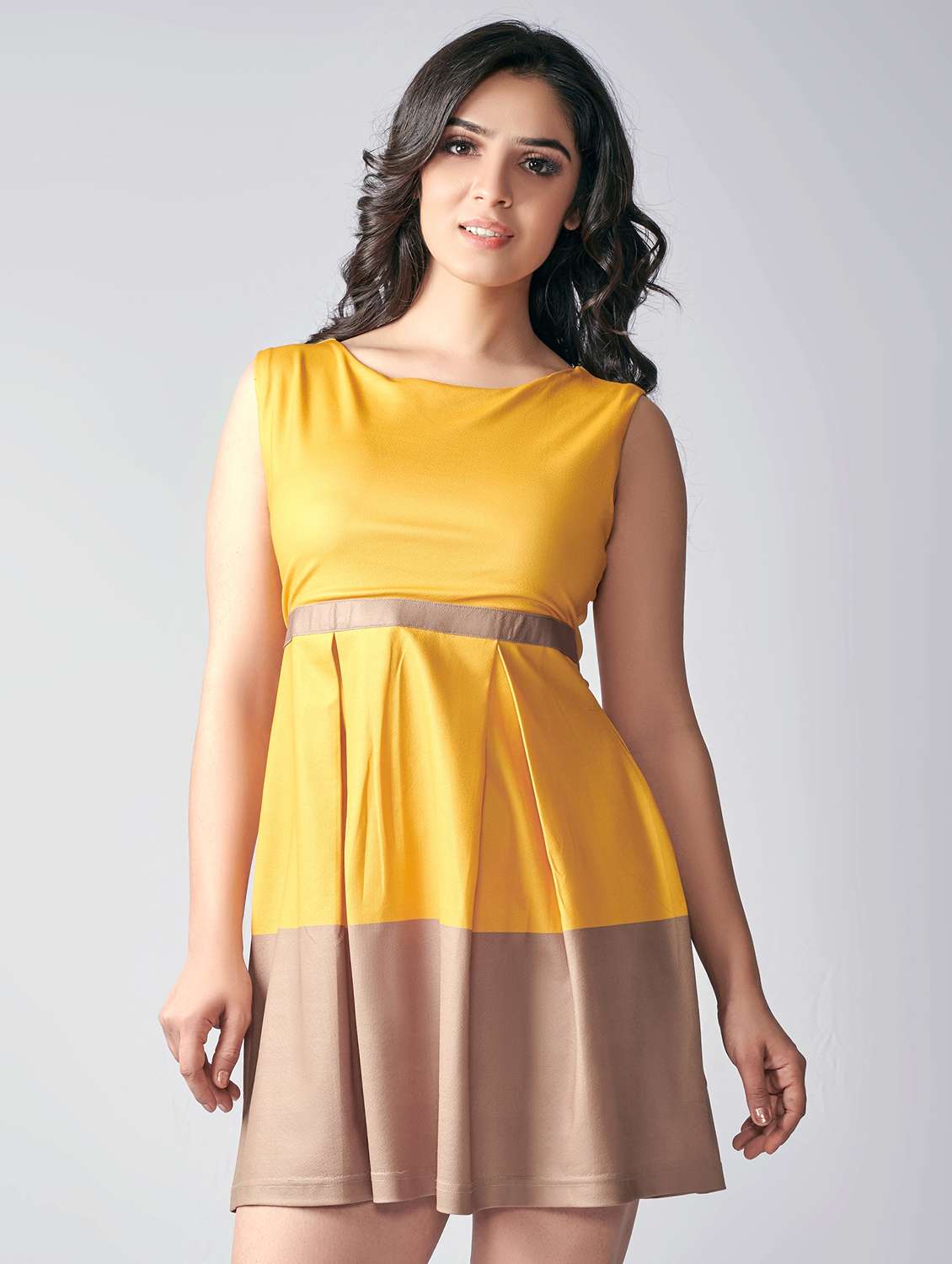 yellow color block fit & flare dress - 19703328 - Zoom Image - 0