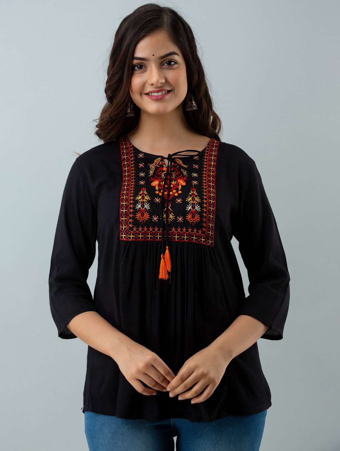 black embroidered tie-up neck regular tunic 