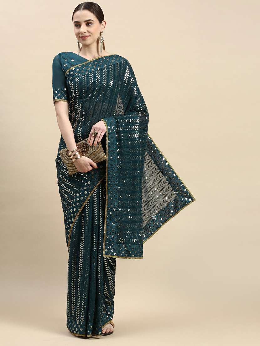 women's self design blue colored saree with blouse - 19717945 -  Zoom Image - 0