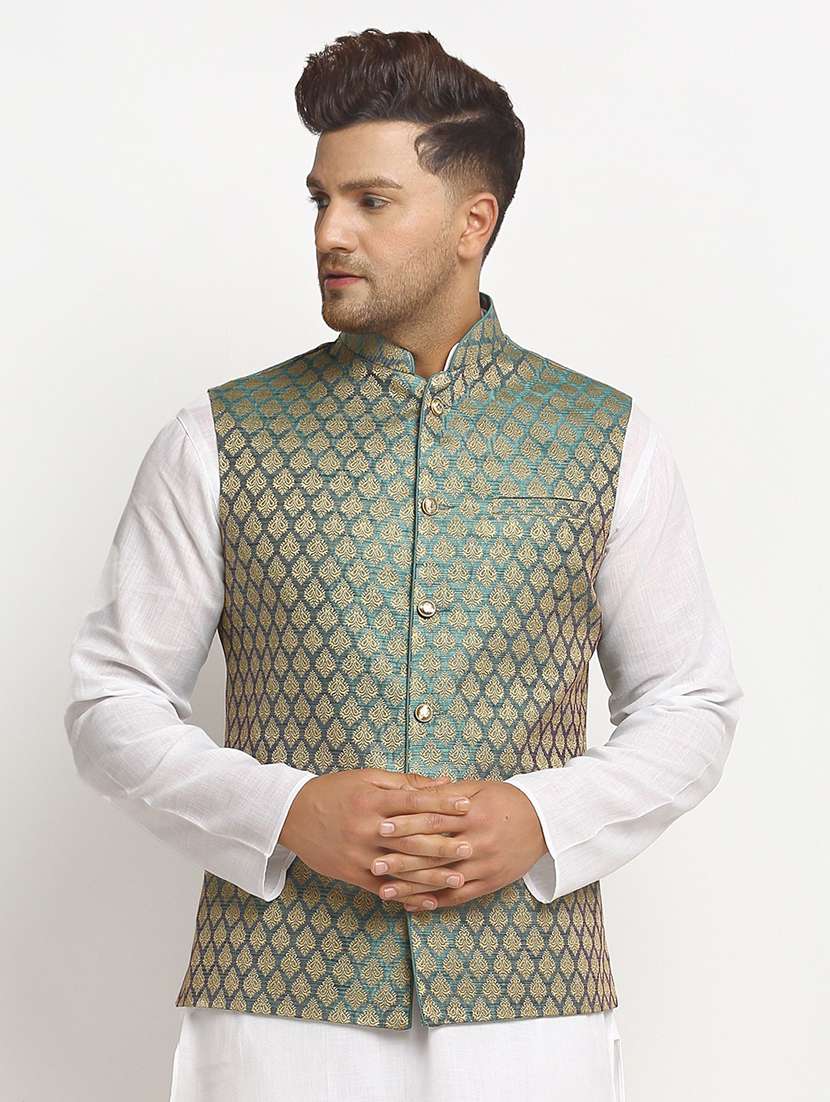 men mandarin collar woven nehru jacket - 19718186 -  Zoom Image - 0