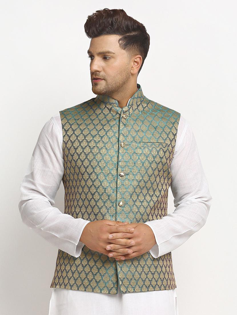 men mandarin collar woven nehru jacket - 19718187 - Zoom Image - 0