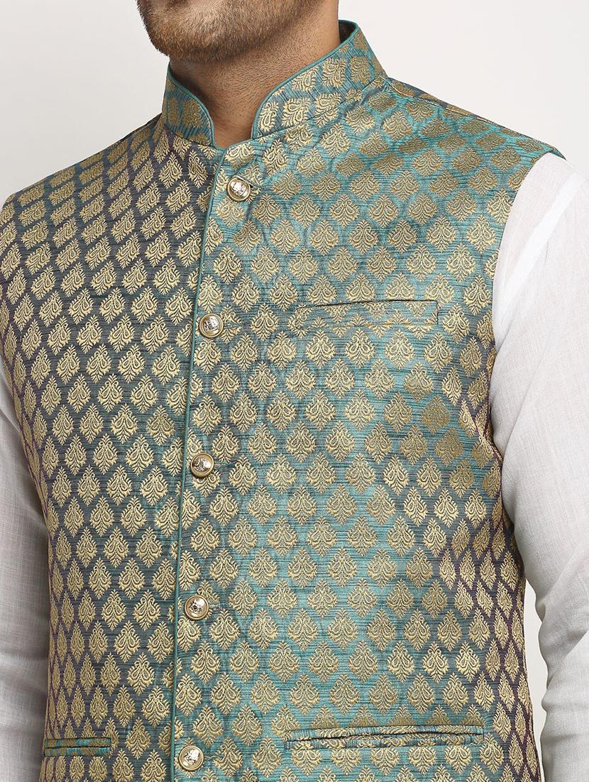 men mandarin collar woven nehru jacket - 19718187 - Standard Image - 3