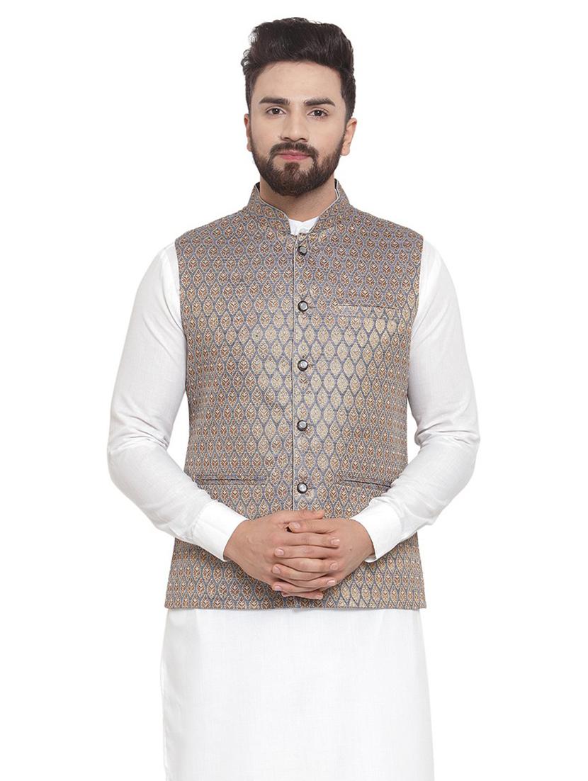 men mandarin collar woven nehru jacket - 19718203 - Zoom Image - 0