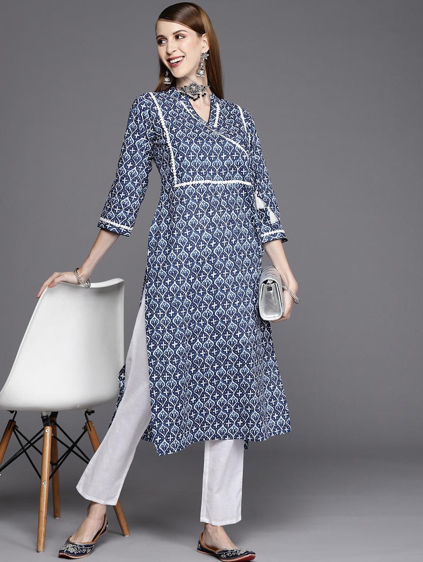 Navy Blue Rayon Block Printed Straight Kurta With Geometric Chevron  Patterns at Soch