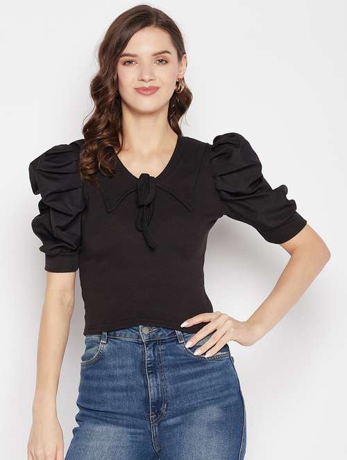 women's solid black tie-up neck top - 19723865 -  Standard Image - 0