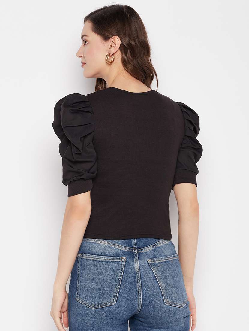 women's solid black tie-up neck top - 19723865 -  Standard Image - 3