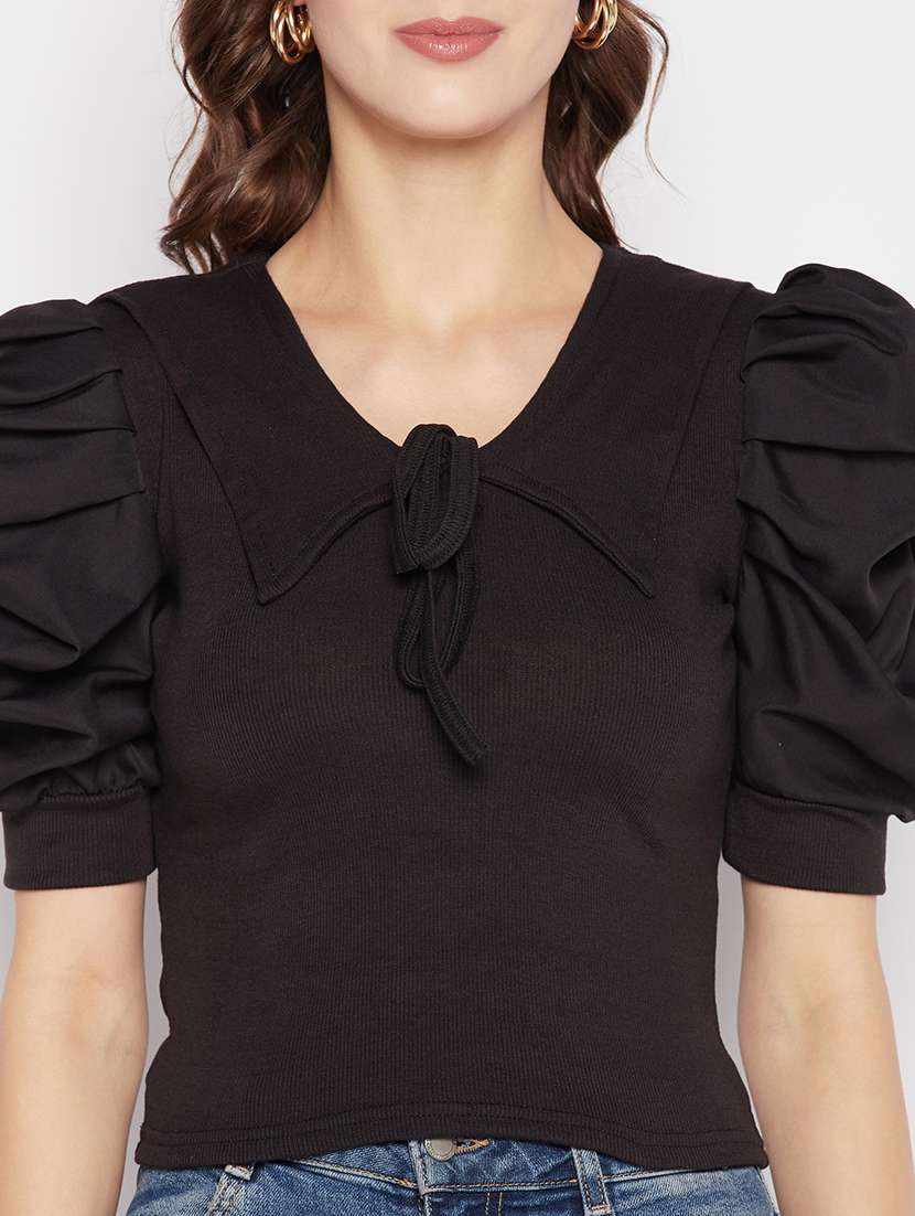 women's solid black tie-up neck top - 19723865 -  Standard Image - 5