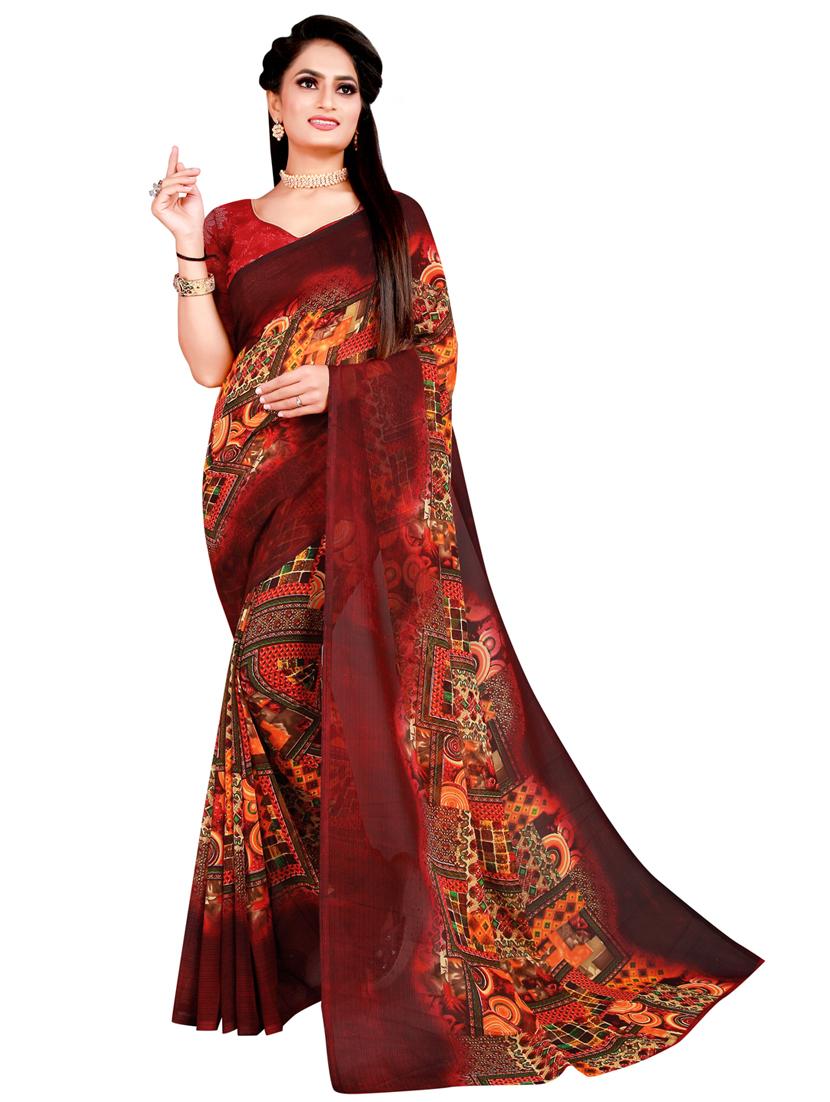 maroon printed georgette saree with blouse - 19727282 - Zoom Image - 0