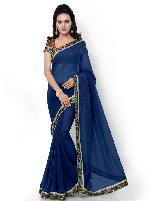 contrast bordered plain saree with blouse - 19728141 - Standard Image - 0