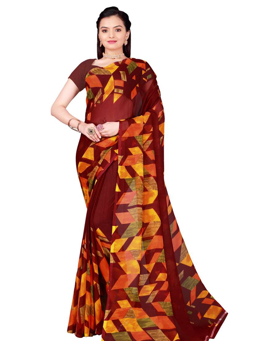 women's geometric brown colored saree with blouse