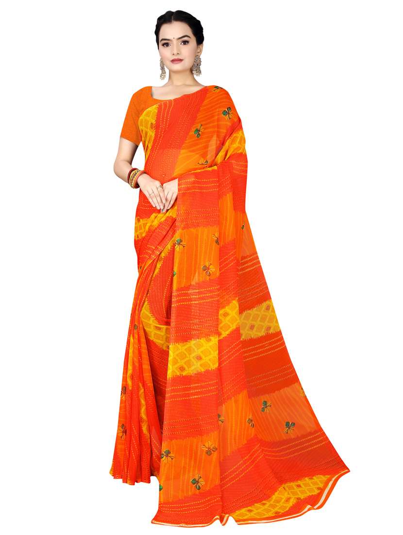 women's printed orange colored saree with blouse