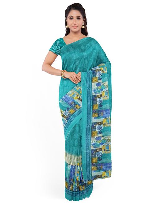 women's printed turquoise colored saree with blouse - 19728640 - Standard Image - 0