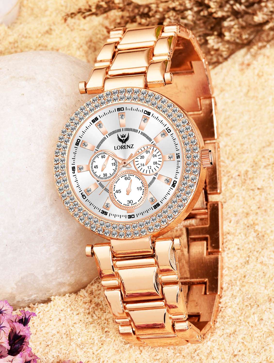 Lorenz Rose Gold Analogue Women's Watch With Stone Studd & Metallic Strap | As 129a