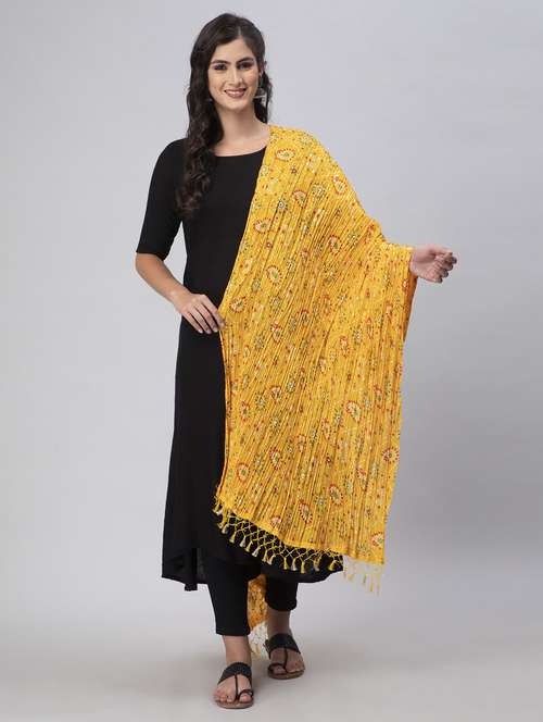 yellow crinkled printed dupatta with fringes - 19734467 -  Standard Image - 0