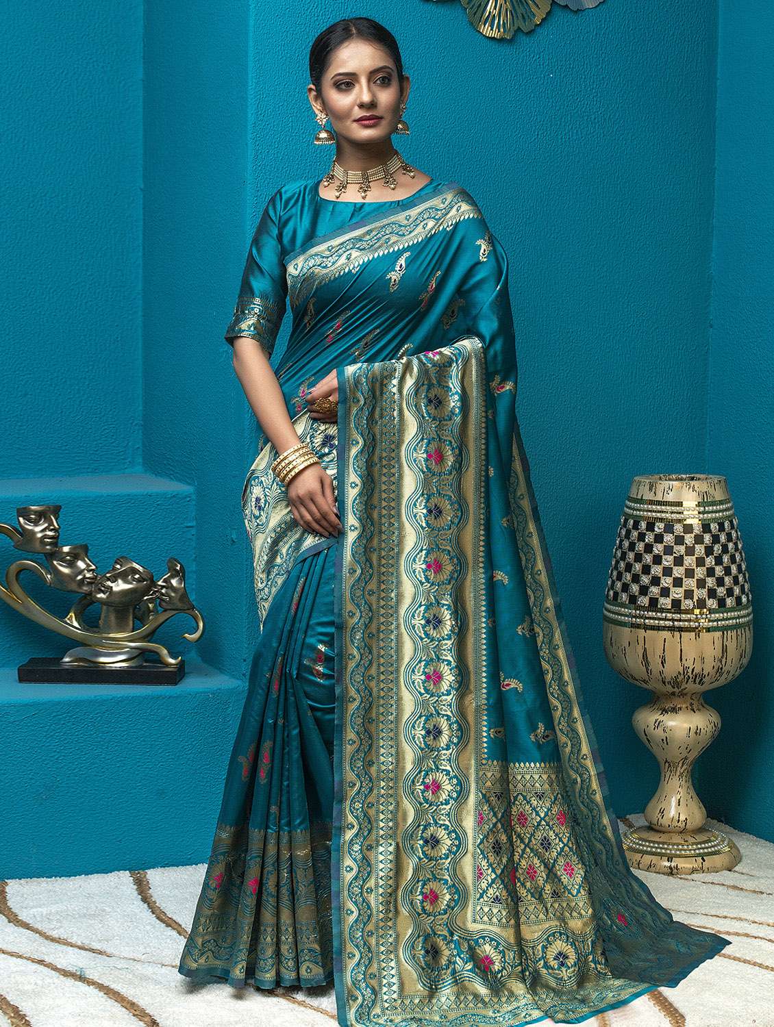 women's self design light blue colored saree with blouse