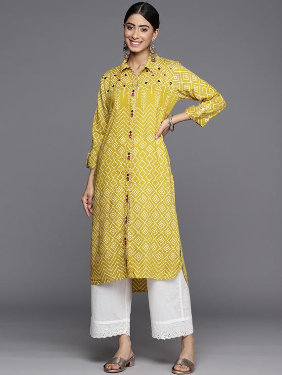 yellow rayon straight kurta - 19737207 - Zoom Image - 0