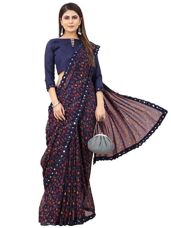 women's floral blue colored saree with blouse - 19745393 -  Zoom Image - 0
