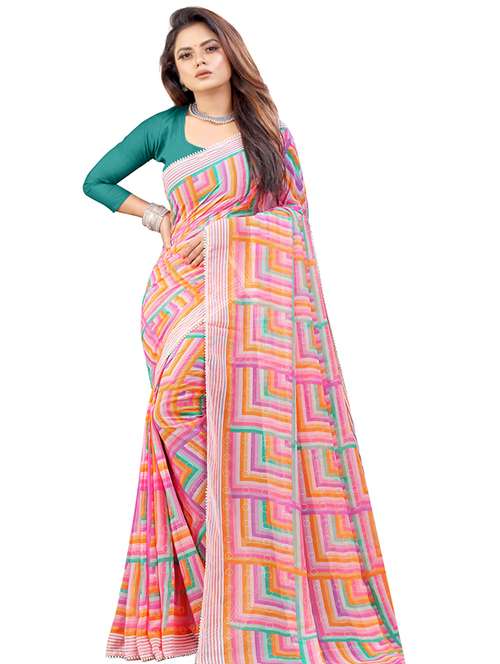pink printed woven saree with blouse - 19745408 - Standard Image - 0