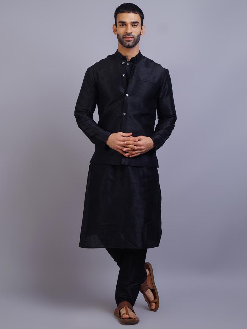 men mandarin collar solid kurta pyjama set with nehru jacket - 19750149 - Zoom Image - 0