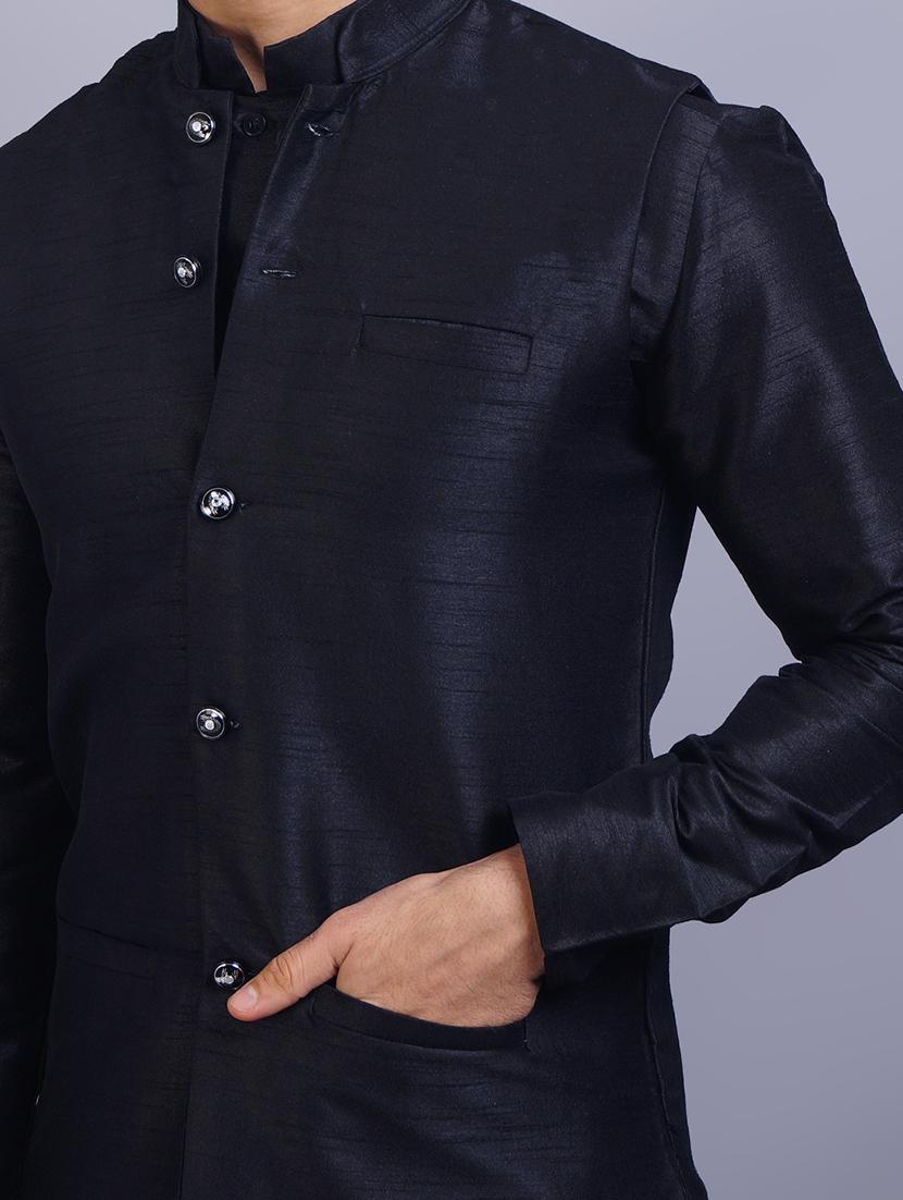men mandarin collar solid kurta pyjama set with nehru jacket - 19750149 - Standard Image - 3