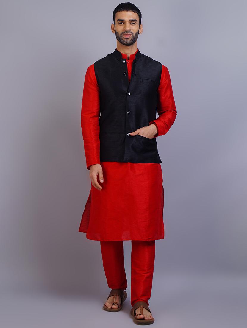 men mandarin collar solid kurta pyjama set with nehru jacket - 19750153 -  Zoom Image - 0