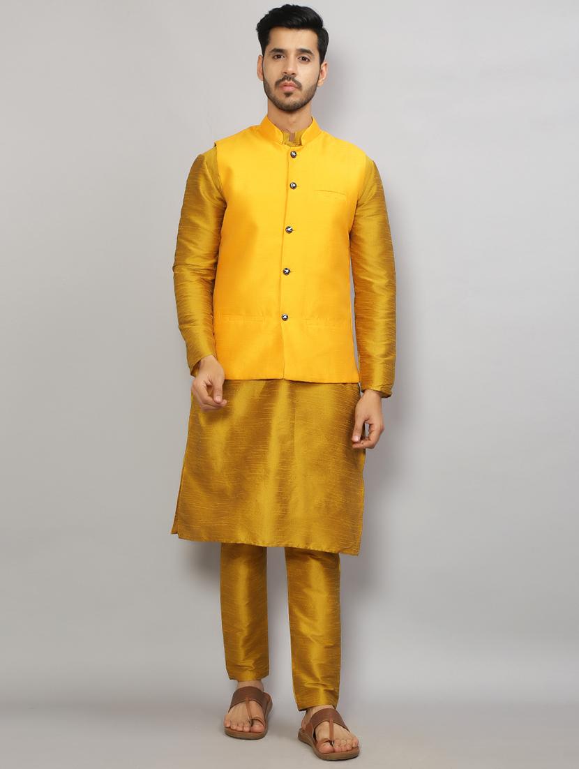 men mandarin collar solid kurta pyjama set with nehru jacket - 19750168 - Zoom Image - 0
