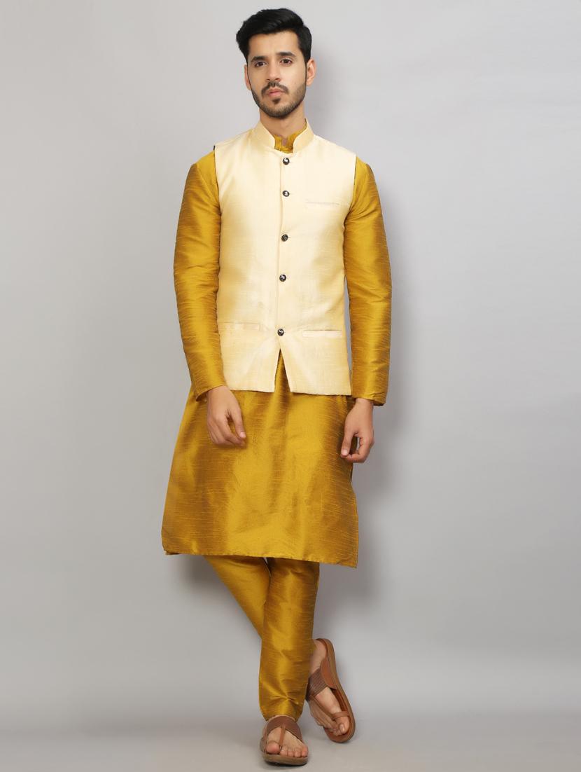mandarin neck solid kurta pyjama with jacket - 19750181 - Zoom Image - 0