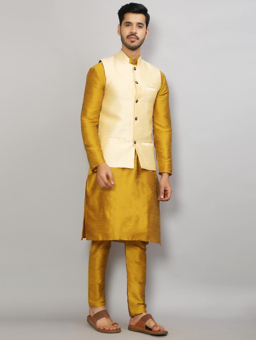 mandarin neck solid kurta pyjama with jacket - 19750181 - Standard Image - 3