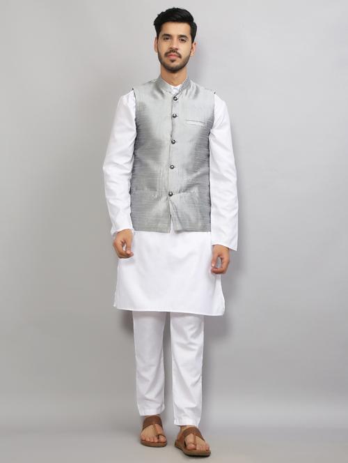 mandarin neck solid kurta pyjama with jacket - 19750187 - Standard Image - 0