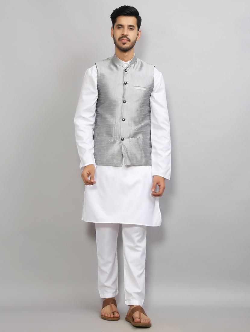 mandarin neck solid kurta pyjama with jacket - 19750187 - Zoom Image - 0