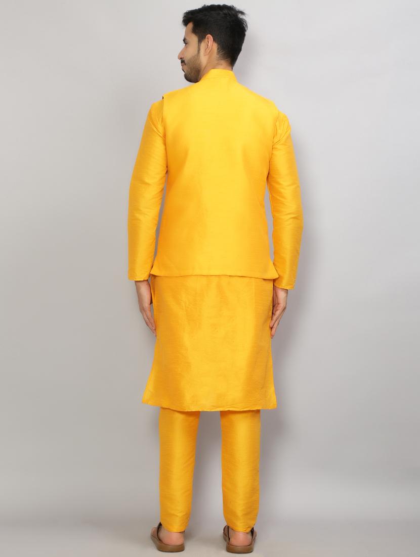 yellow kurta pyjama with jacket ethnic wear set - 19750204 - Standard Image - 3