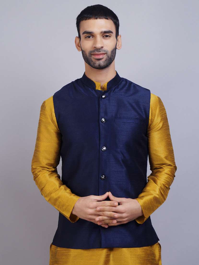 navy blue silk nehru jacket - 19750260 -  Zoom Image - 0