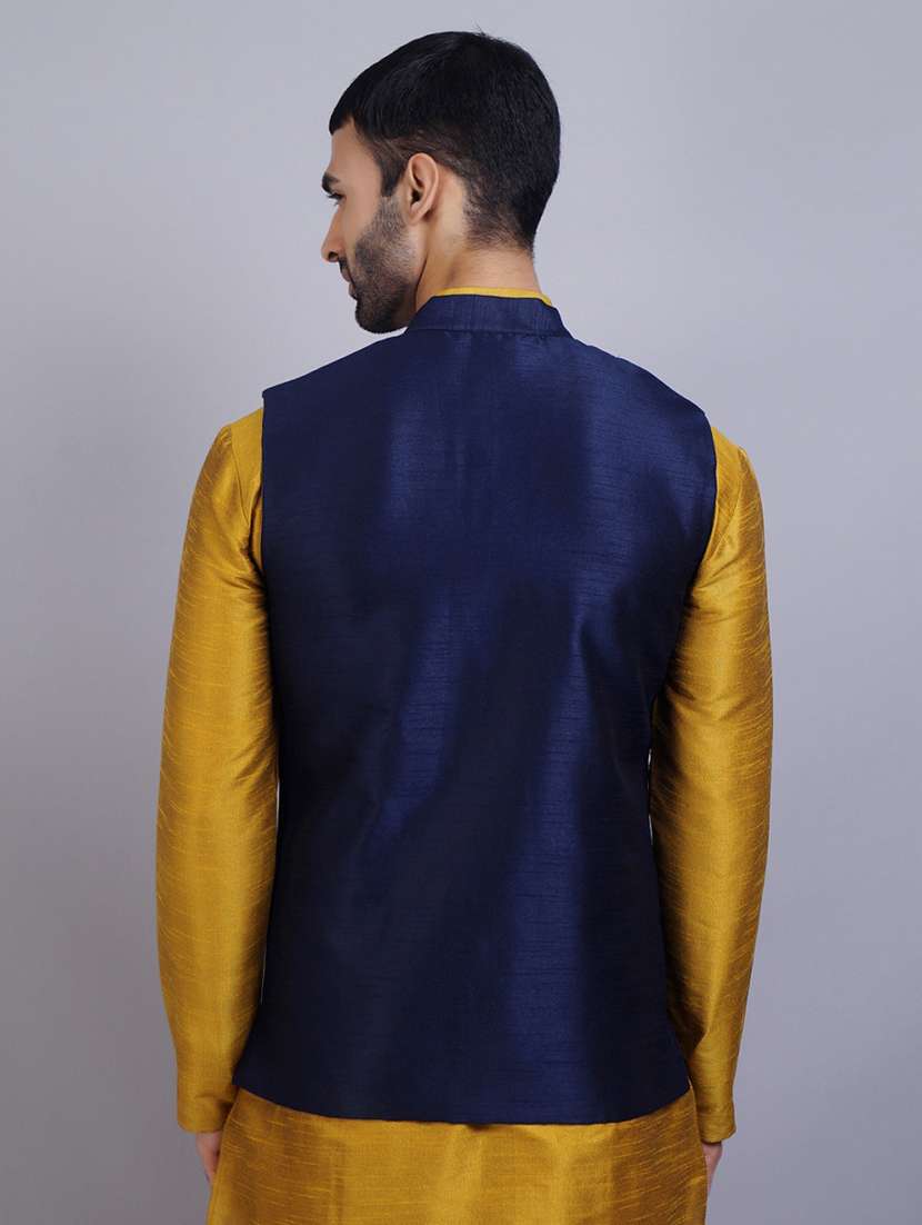 navy blue silk nehru jacket - 19750260 - Standard Image - 3