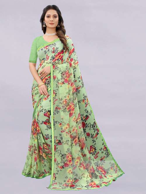florals print plain saree  with blouse - 19752202 -  Standard Image - 0