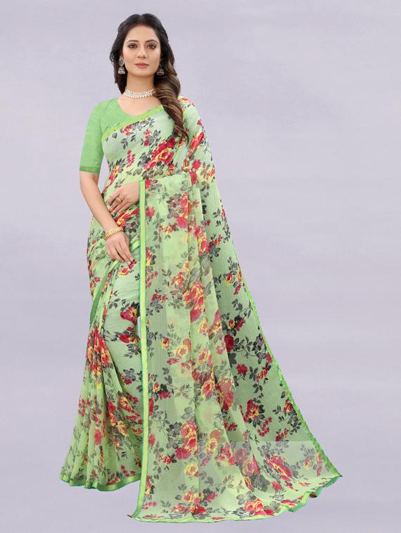florals print plain saree  with blouse - 19752202 -  Zoom Image - 0