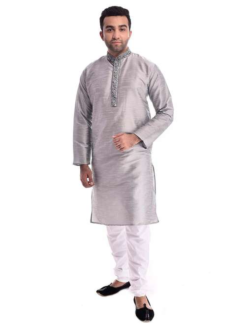 mandarin neck solid kurta pyjama set - 19754293 - Standard Image - 0