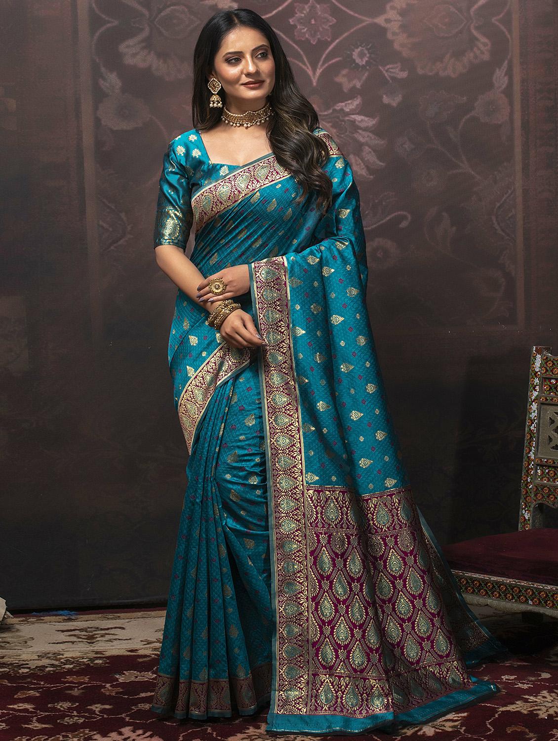 women's self design sea green colored saree with blouse