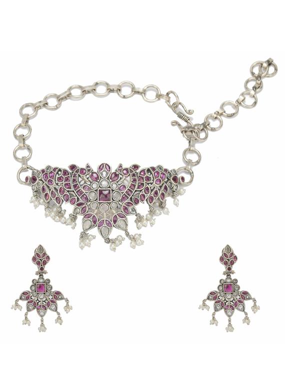 sliver brass oxidised choker necklaces and earring - 19755320 - Zoom Image - 0