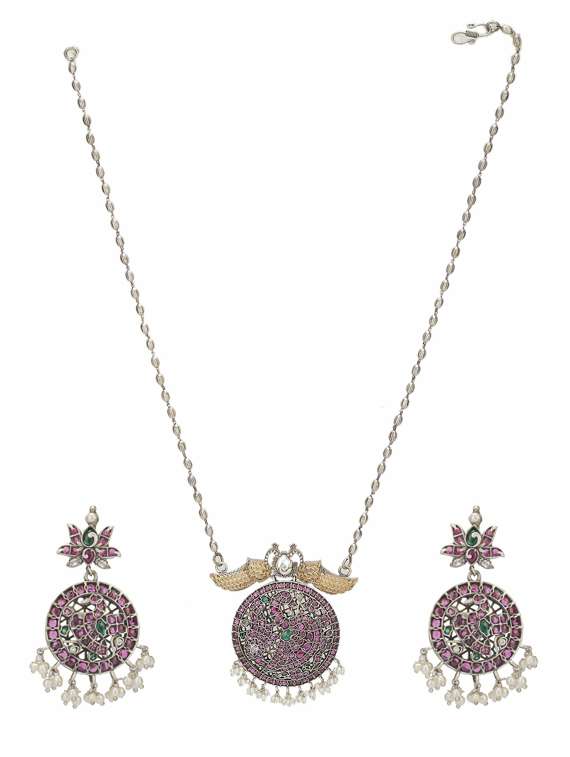 pink tone brass oxidised long necklaces and earring 