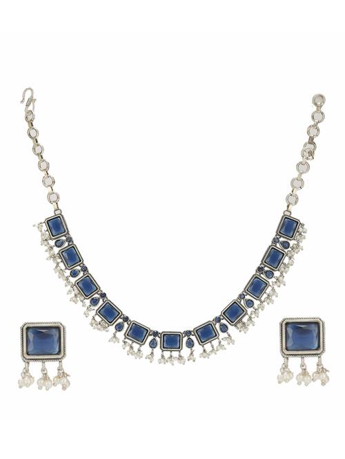blue stone brass oxidised choker necklaces and earring - 19755325 - Standard Image - 0