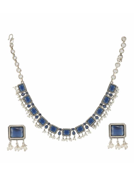 blue stone brass oxidised choker necklaces and earring - 19755325 - Zoom Image - 0