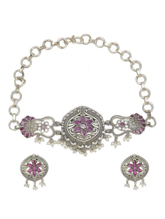 silver brass oxidised choker necklaces and earring 