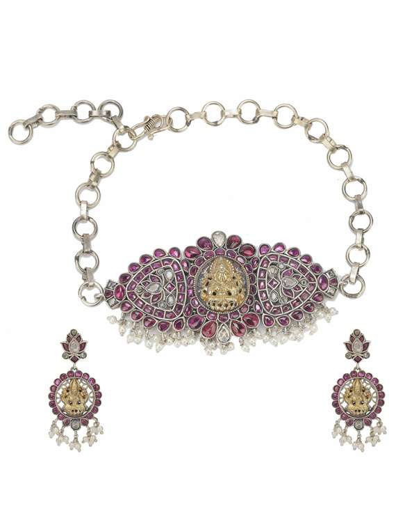 silver tone brass oxidised choker necklaces and earring 