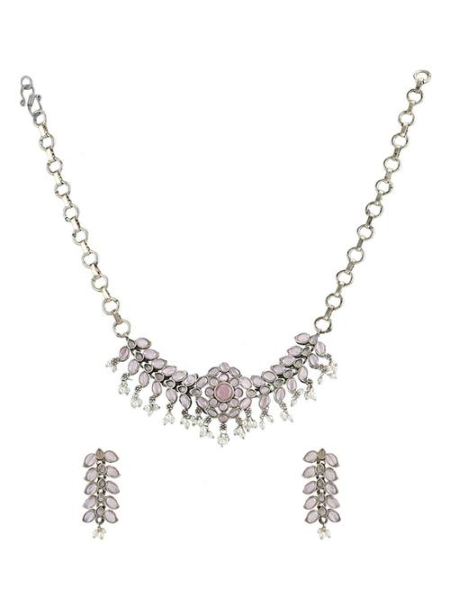 pink stone silver brass oxidised choker necklaces and earring - 19755340 - Standard Image - 0