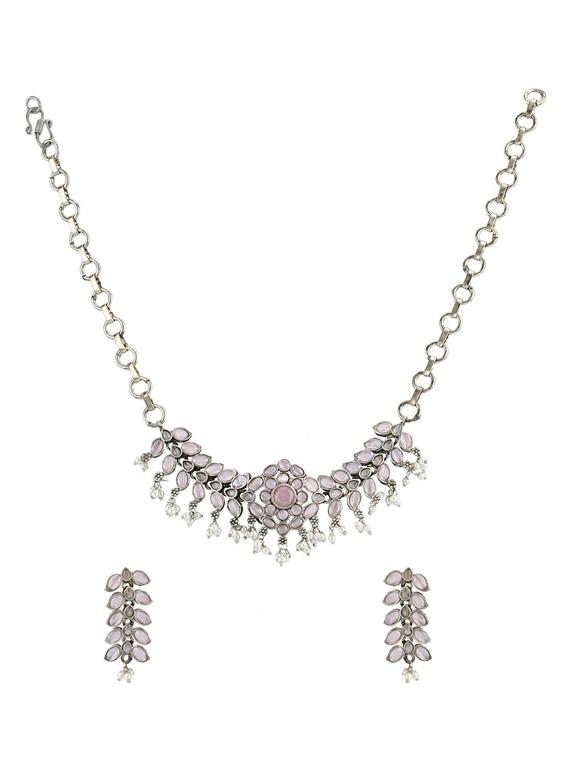 pink stone silver brass oxidised choker necklaces and earring - 19755340 - Zoom Image - 0
