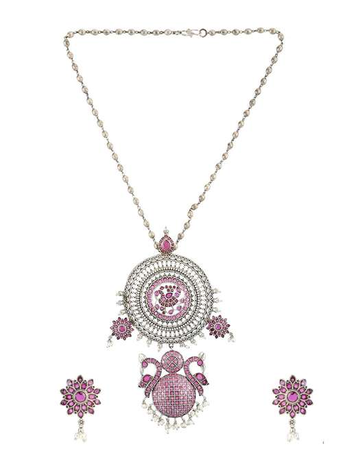 pink stone brass oxidised long necklaces and earring  - 19755342 -  Standard Image - 0